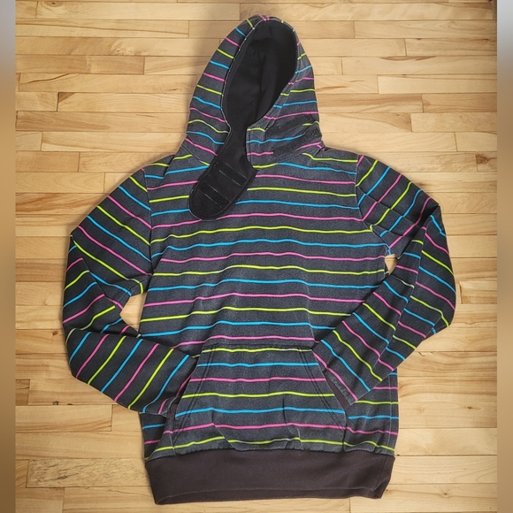 A black hoodie by Amnesia with blue, pink and green stripes - Picture 6 of 10